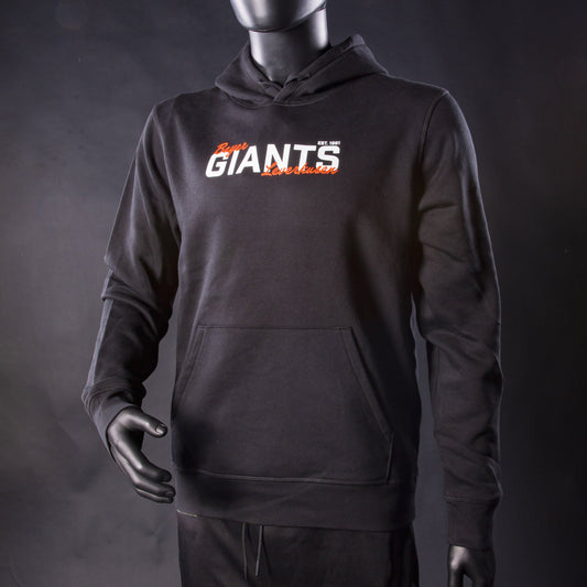 Schwarzer Hoodie der Bayer Giants Leverkusen mit weiß-orange-rotem Schriftzug ‚Bayer Giants Leverkusen‘ auf der Brust, präsentiert an einer Schaufensterpuppe.